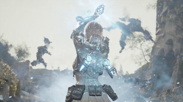 A screenshot from The First Descendant showing a character casting a glowing ability as enemies approach in a ruined landscape.
