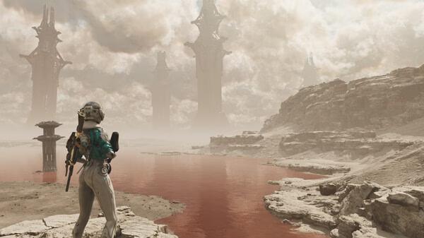 A screenshot from The First Descendant showing a character in futuristic armor overlooking a red river and towering structures.