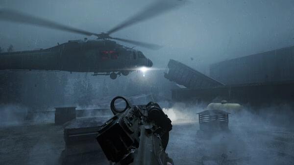 A screenshot from Beautiful Light showing a helicopter hovering in a stormy, foggy environment with a rifle in the foreground.
