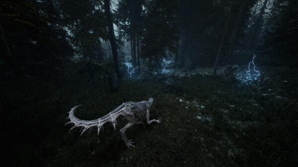 A screenshot from Beautiful Light showing a creature with spiked limbs in a dark, eerie forest with glowing blue lights.