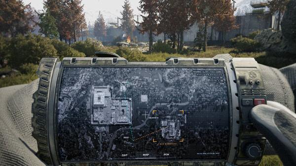 Screenshot from Beautiful Light showing a detailed map displayed on a wrist-mounted device in a forested area.