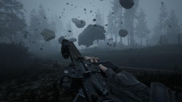 Screenshot from Beautiful Light showing a first-person view of a rifle aimed at levitating rocks in a foggy forest.