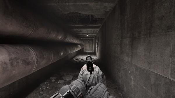 A screenshot from Beautiful Light showing a player aiming a pistol in a dimly lit concrete corridor with pipes on the left wall.