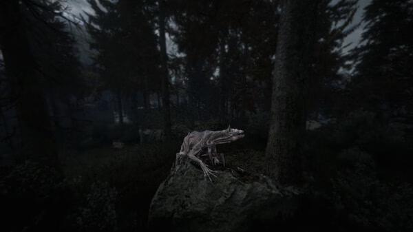 A screenshot from the game Beautiful Light showing a creepy creature in a dark, eerie forest surrounded by tall trees.
