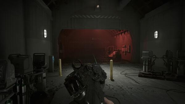 A screenshot from Beautiful Light showing a player holding a weapon in a dimly lit industrial area with a red-lit doorway.