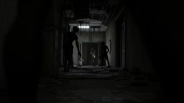A screenshot from Beautiful Light shows a dimly lit hallway with shadowy figures and a glowing green light in the distance.
