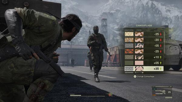A screenshot from METAL GEAR SOLID Δ: SNAKE EATER showing Snake crouching as an enemy soldier approaches near a camouflage menu.
