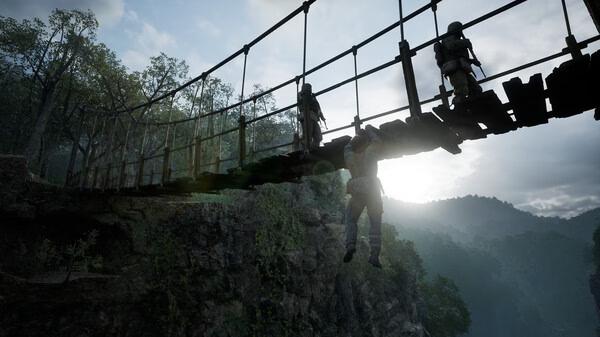 Screenshot from METAL GEAR SOLID Δ: SNAKE EATER showing a character hanging from a rope bridge as two soldiers stand above.