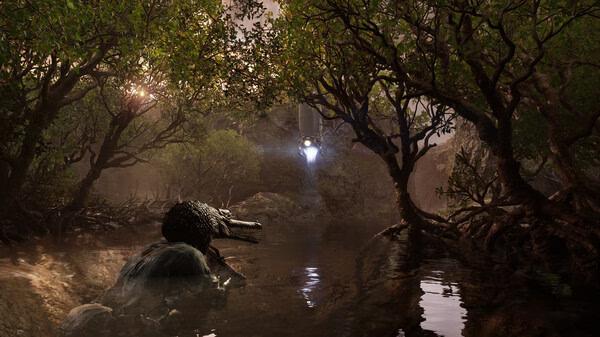 Screenshot from METAL GEAR SOLID Δ: SNAKE EATER showing a crocodile in a swampy forest with sunlight filtering through trees.