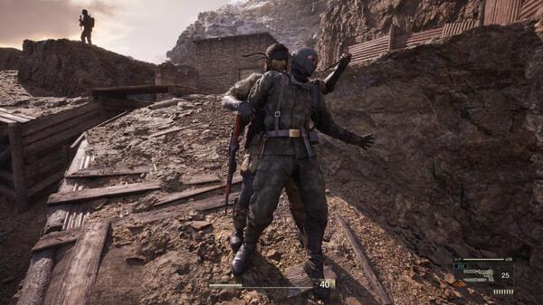 Screenshot from METAL GEAR SOLID Δ: SNAKE EATER showing Snake stealthily capturing an enemy soldier in a rugged mountain area.