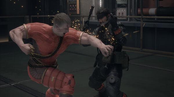 Screenshot from METAL GEAR SOLID Δ: SNAKE EATER showing a soldier in combat with a heavily armored opponent in a dimly lit room.