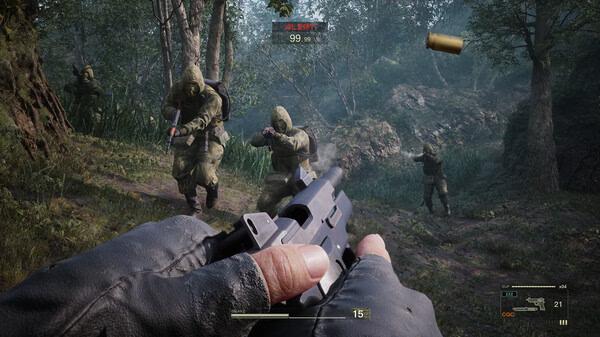 Screenshot from METAL GEAR SOLID Δ: SNAKE EATER showing a first-person view aiming at armed enemies in a dense forest.