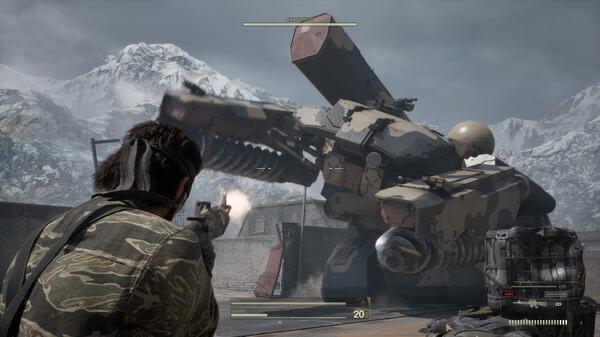 A METAL GEAR SOLID Δ: SNAKE EATER screenshot showing Snake aiming at a towering mech in a snowy mountain setting.