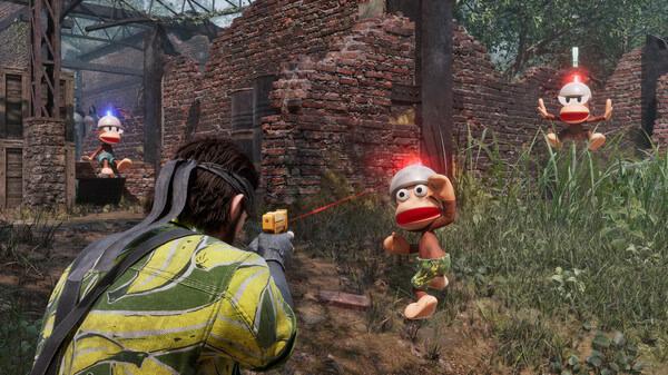 A screenshot from METAL GEAR SOLID Δ: SNAKE EATER shows the player aiming at three monkeys wearing sirens in a jungle ruin.