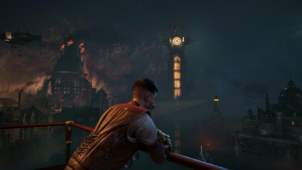 A Clockwork Revolution screenshot showing a man on a balcony overlooking a burning cityscape with a glowing clocktower.