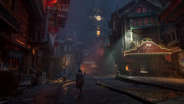 A screenshot from Clockwork Revolution showing a character walking through a dimly lit, steampunk-style street at night.