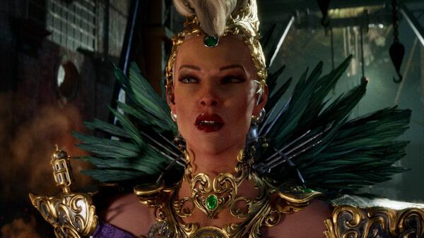 Screenshot from Clockwork Revolution showing a close-up of a character in ornate armor with green feathered details.