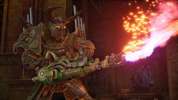 A Clockwork Revolution screenshot showing a steampunk-style armored figure firing a weapon emitting bright flames and sparks.