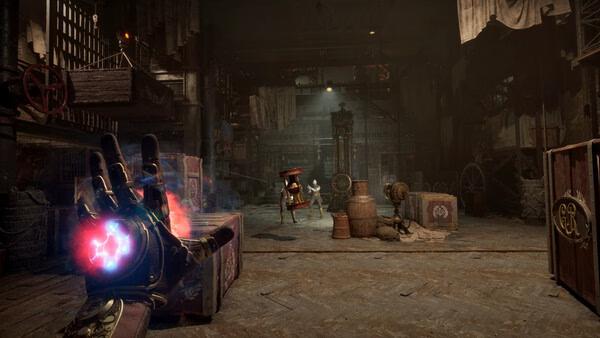 A Clockwork Revolution screenshot showing a steampunk glove emitting energy in a warehouse with enemies and machinery.