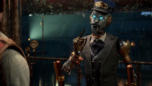 A Clockwork Revolution screenshot showing a robotic character in a suit and hat gesturing, with a cityscape in the background.