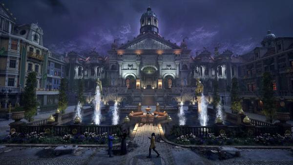 Screenshot from Clockwork Revolution showing a grand illuminated building at night, with fountains and statues in the foreground.