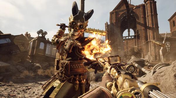 A Clockwork Revolution screenshot showing a steampunk-styled character firing a flaming weapon at a masked enemy.