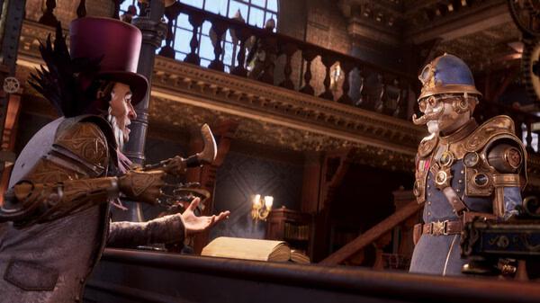 A screenshot from Clockwork Revolution shows a steampunk character arguing with a uniformed officer in an ornate building.