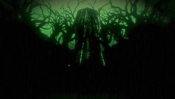A dark, eerie forest with glowing green roots surrounds a mysterious tree in this Persona 6 screenshot.
