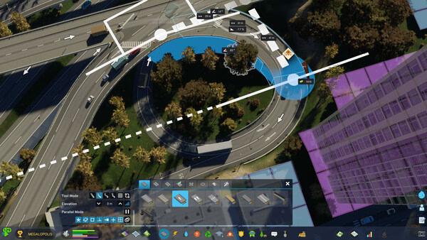 Cities: Skylines II screenshot showing a roundabout under construction with road tools and elevation options visible on the interface.