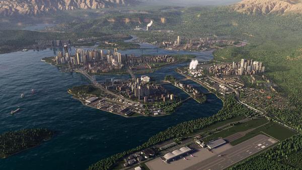 Screenshot from Cities: Skylines II showing a sprawling cityscape with skyscrapers, waterways, forests, and an airport.