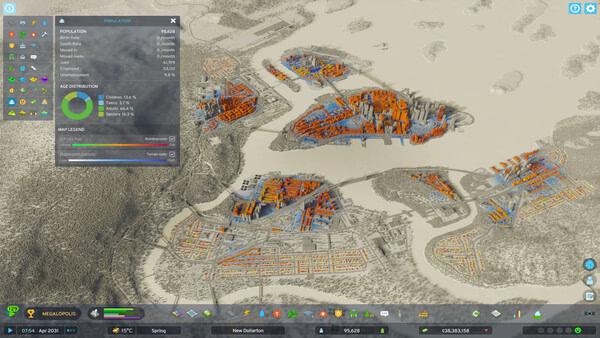 A Cities: Skylines II screenshot showing a detailed cityscape with population data overlay and various colorful zones.