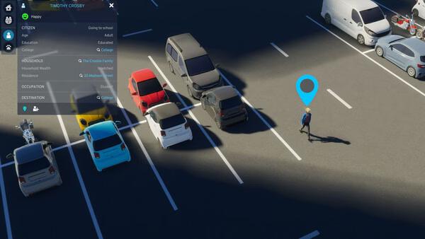 A Cities: Skylines II screenshot showing a parking lot with cars and a citizen walking, highlighted by a blue location marker.