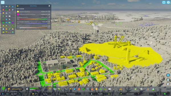Screenshot from Cities: Skylines II showing an industrial area with yellow pollution zones, factories, and a city skyline in the distance.