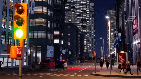 A Cities: Skylines II screenshot showing a rainy night cityscape with lit skyscrapers, traffic lights, and pedestrians.