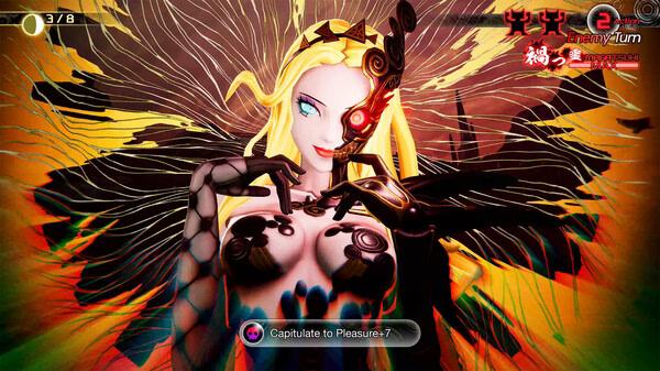 A Shin Megami Tensei V: Vengeance screenshot featuring a vibrant, winged humanoid with a mechanical eye during combat.