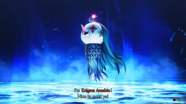 A screenshot from Shin Megami Tensei V: Vengeance showing Enigma Amandie, a colorful aquatic creature, in a glowing blue setting.