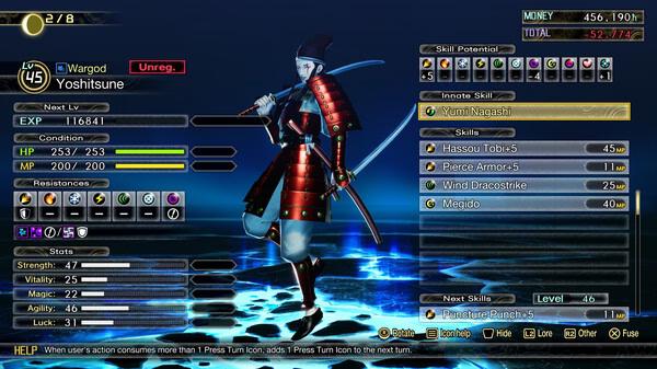 Screenshot from Shin Megami Tensei V: Vengeance showing Wargod Yoshitsune's stats, skills, and a glowing blue battlefield.