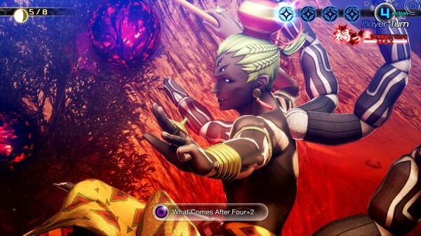Screenshot from Shin Megami Tensei V: Vengeance showing a demon in combat stance during a player's turn in a fiery environment.