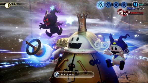 A screenshot from Shin Megami Tensei V: Vengeance showing Jack Frost and allies casting Frost Storm in a battle scene.