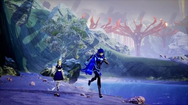 A screenshot from Shin Megami Tensei V: Vengeance shows two characters running near a lake with a red tree-like structure in the distance.