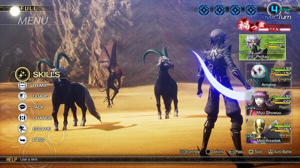 Screenshot from Shin Megami Tensei V: Vengeance showing a battle scene with the protagonist and demons in a desert environment.