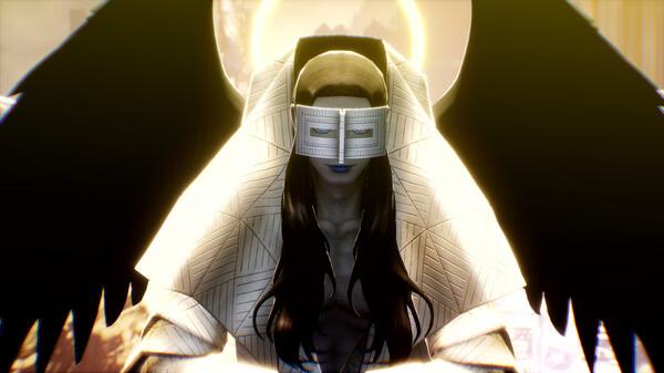 A screenshot from Shin Megami Tensei V: Vengeance showing a radiant, winged figure with a metallic visor and glowing aura.