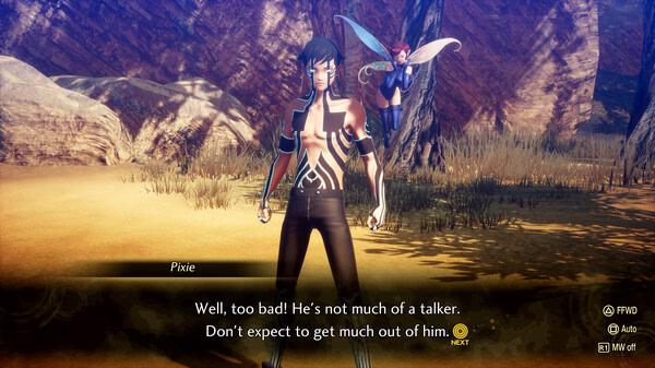 Screenshot from Shin Megami Tensei V: Vengeance showing a player character and Pixie standing in a desert-like area.
