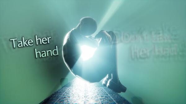 Screenshot from Shin Megami Tensei V: Vengeance showing a glowing figure curled up with text options "Take her hand" and "Don't take her hand."