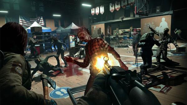 A "No More Room in Hell 2" screenshot showing players battling zombies in a chaotic indoor gym setting with firearms.