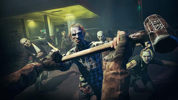 A screenshot from No More Room in Hell 2 shows a player fighting off a group of zombies near a gas station at night.