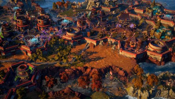 Screenshot from ENDLESS Legend 2 showing a vibrant cityscape with colorful buildings, lush terrain, and flowing water around.