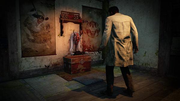 Dead by Daylight screenshot: A character in a white coat stands in a dimly lit room, facing a shrine-like object with hanging garments.