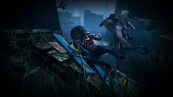 Dead by Daylight screenshot: A survivor vaults over a wooden pallet while being chased by a monstrous killer in a foggy, dark environment.