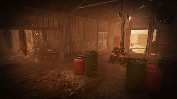 Screenshot from Dead by Daylight showing a player character repairing a generator in a dimly lit barn with hanging meat.